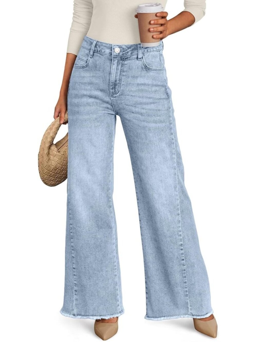 Chic Women's Wide Leg Jeans, Relaxed Fit with Raw Hem - Trendy Casual Pants